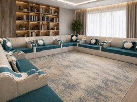 Arabic Majlis Sofa U Shaped, Cream and Turquoise Colored Velvet