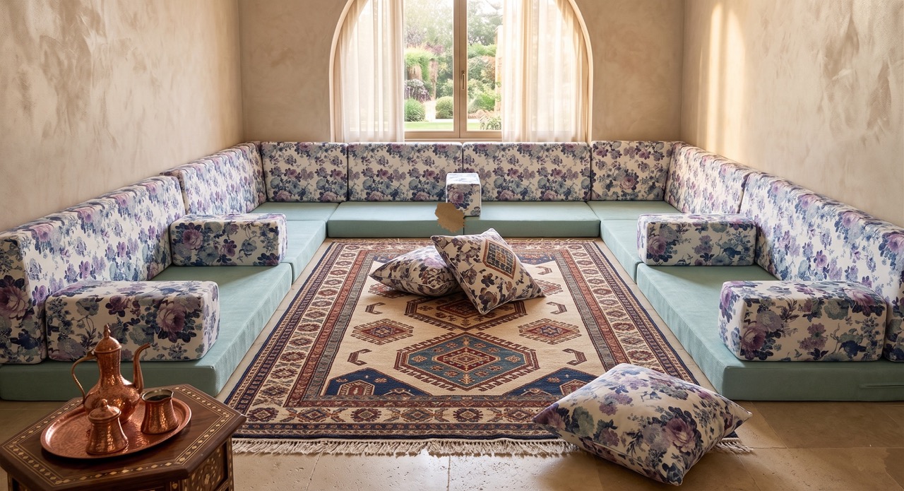 u shaped blue floor cushion